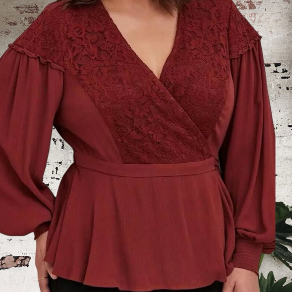Torrid boho madder brown Wrap Blouse with lace inset Size 5X - Picture 2 of 10